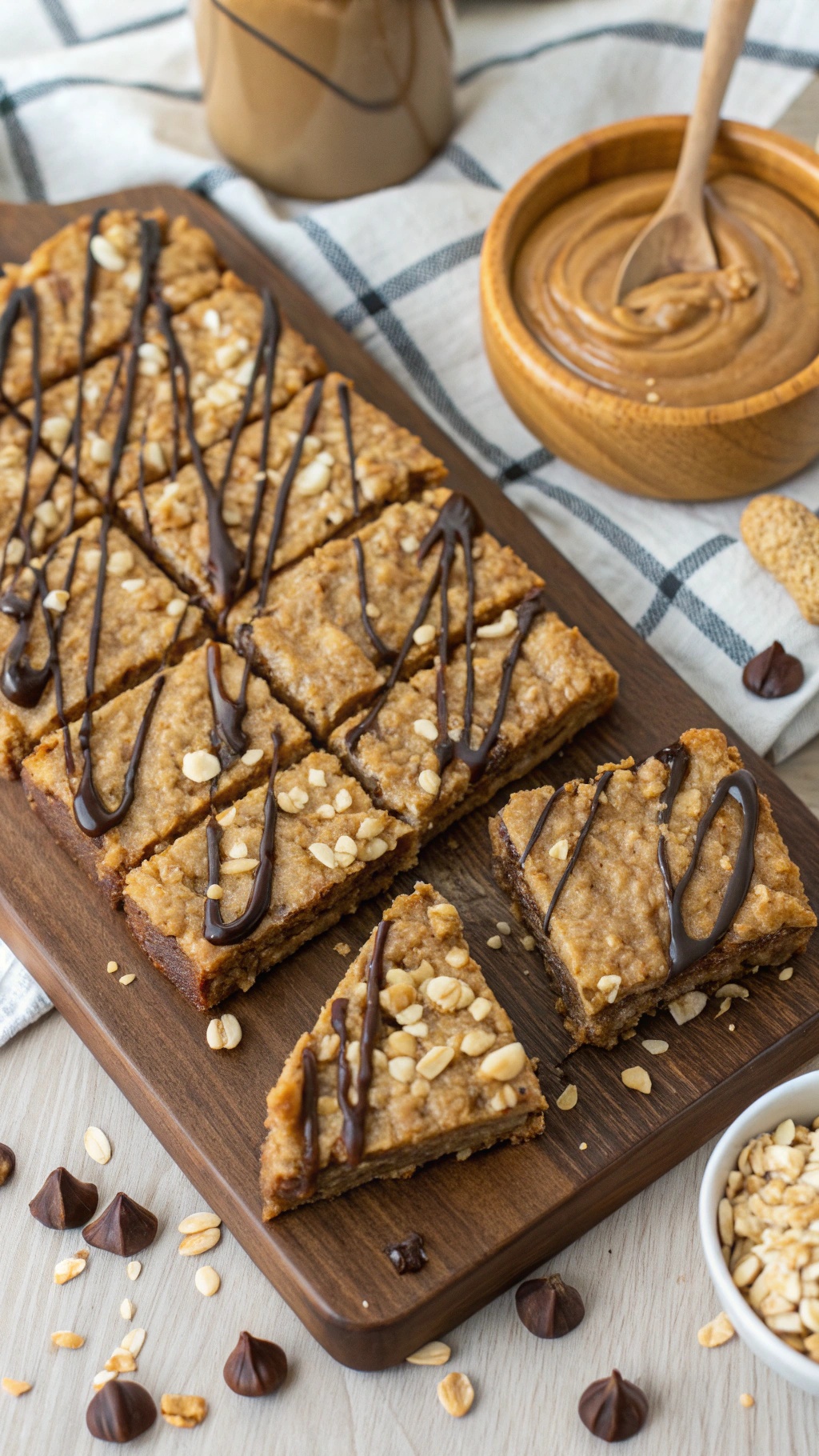 Homemade peanut butter chocolate energy bars on a wooden board, drizzled with chocolate and garnished with nuts.