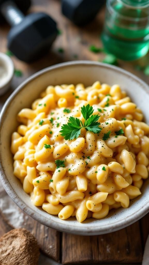 A bowl of high-protein mac and cheese with whole grain pasta and cheese sauce, garnished with parsley, on a rustic table with fitness gear.