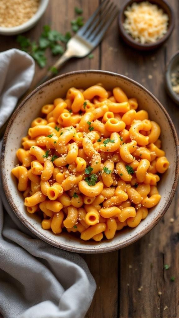 Healthy sweet potato mac and cheese with orange sauce and breadcrumb topping, served in a bowl on a wooden table.