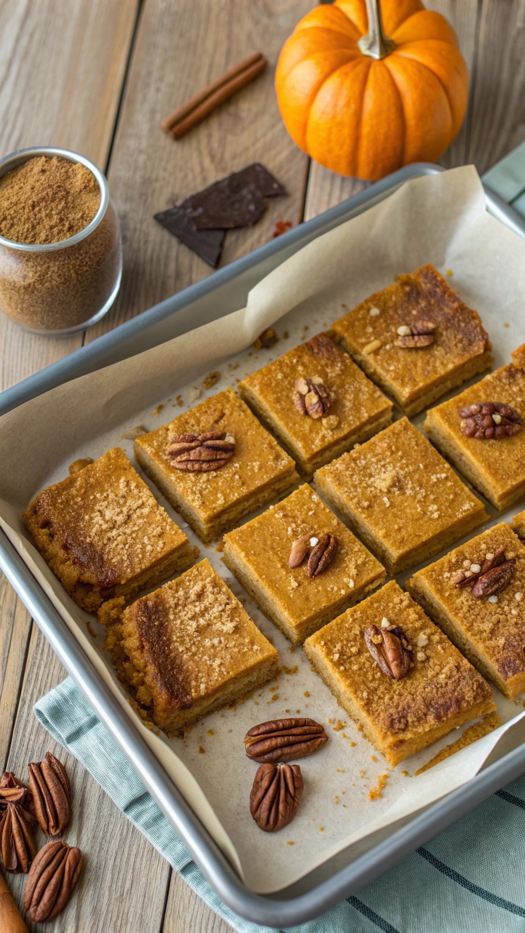Healthy pumpkin pie bars with nut crust on a rustic wooden table, garnished with cinnamon and pecans.