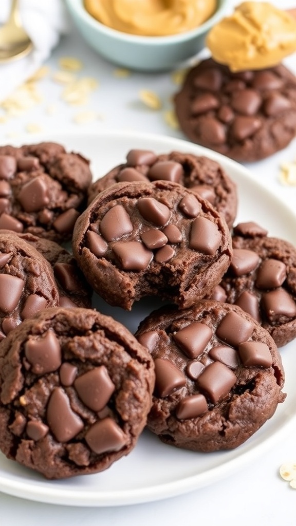 A plate of no-bake chocolate oatmeal cookies with oats and peanut butter in the background.