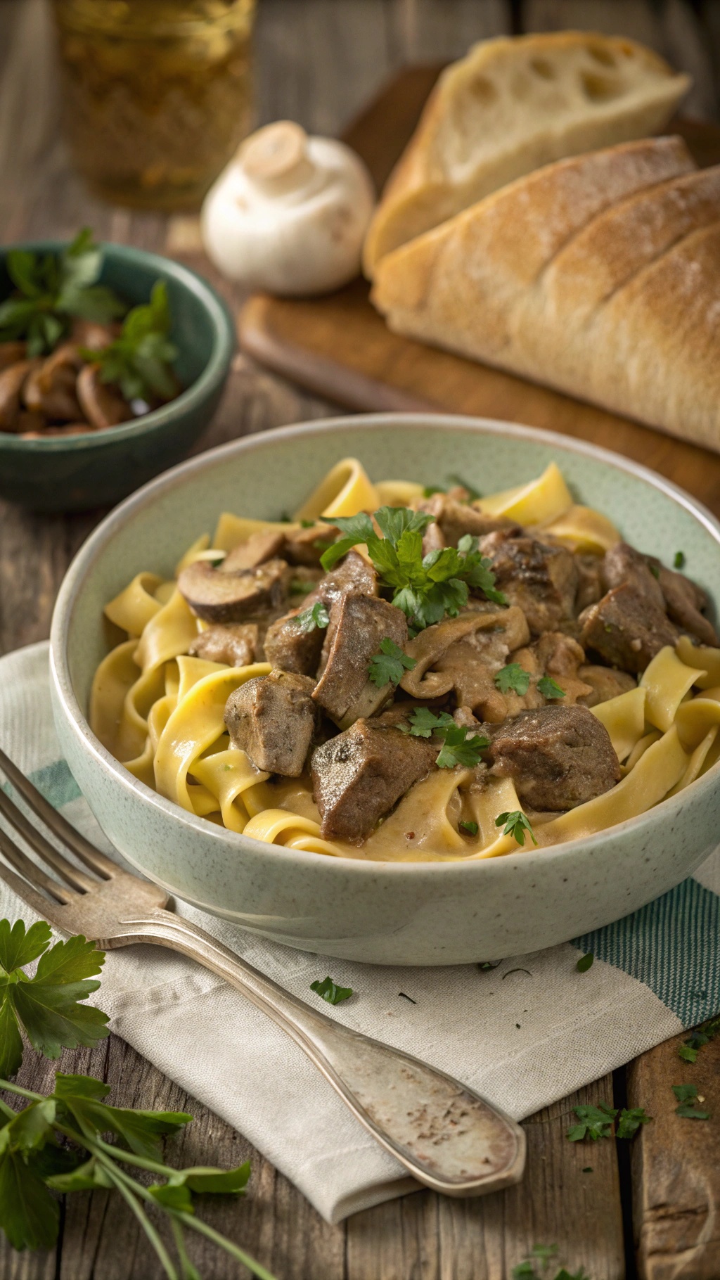 A hearty bowl of beef stroganoff with beef, mushrooms, and egg noodles, garnished with parsley on a rustic table.