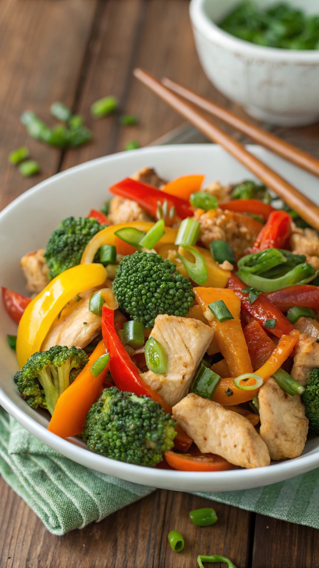 A colorful chicken stir-fry with bell peppers, broccoli, and carrots, garnished with green onions, served in a bowl with chopsticks.