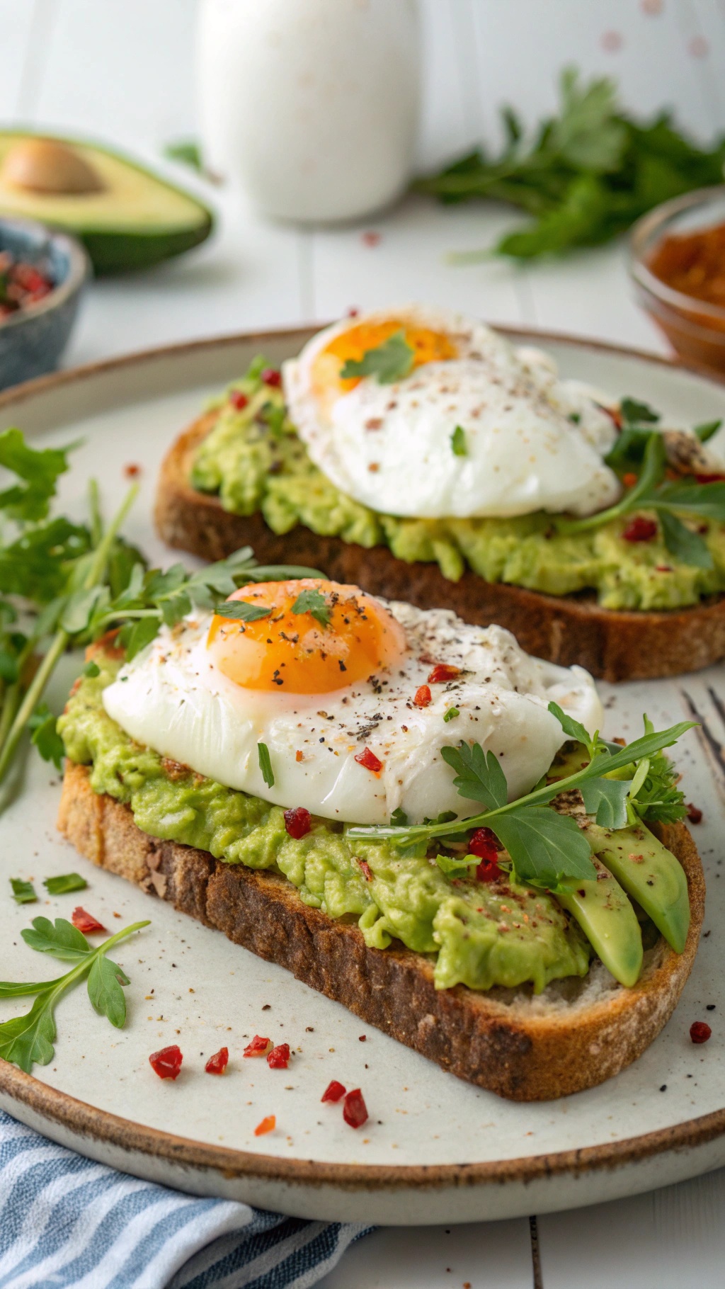 Two slices of avocado toast topped with eggs and herbs on a plate.