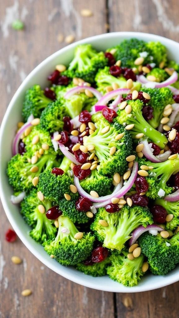 No-Mayo Broccoli Salad Recipe A colorful no-mayo broccoli salad with broccoli, red onion, sunflower seeds, and cranberries in a bowl on a wooden table.