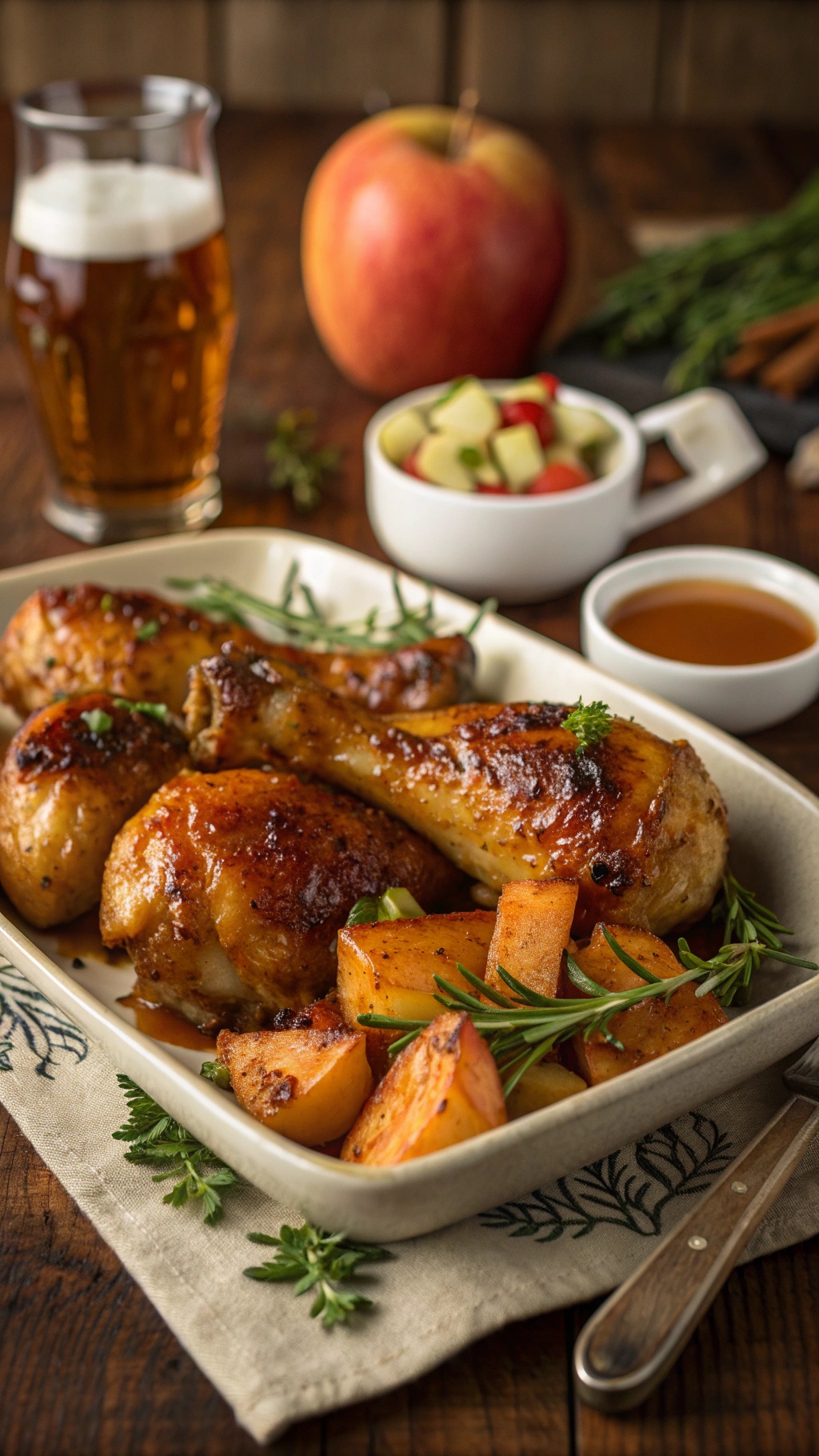 Apple cider glazed chicken served with roasted vegetables, garnished with herbs on a rustic table.