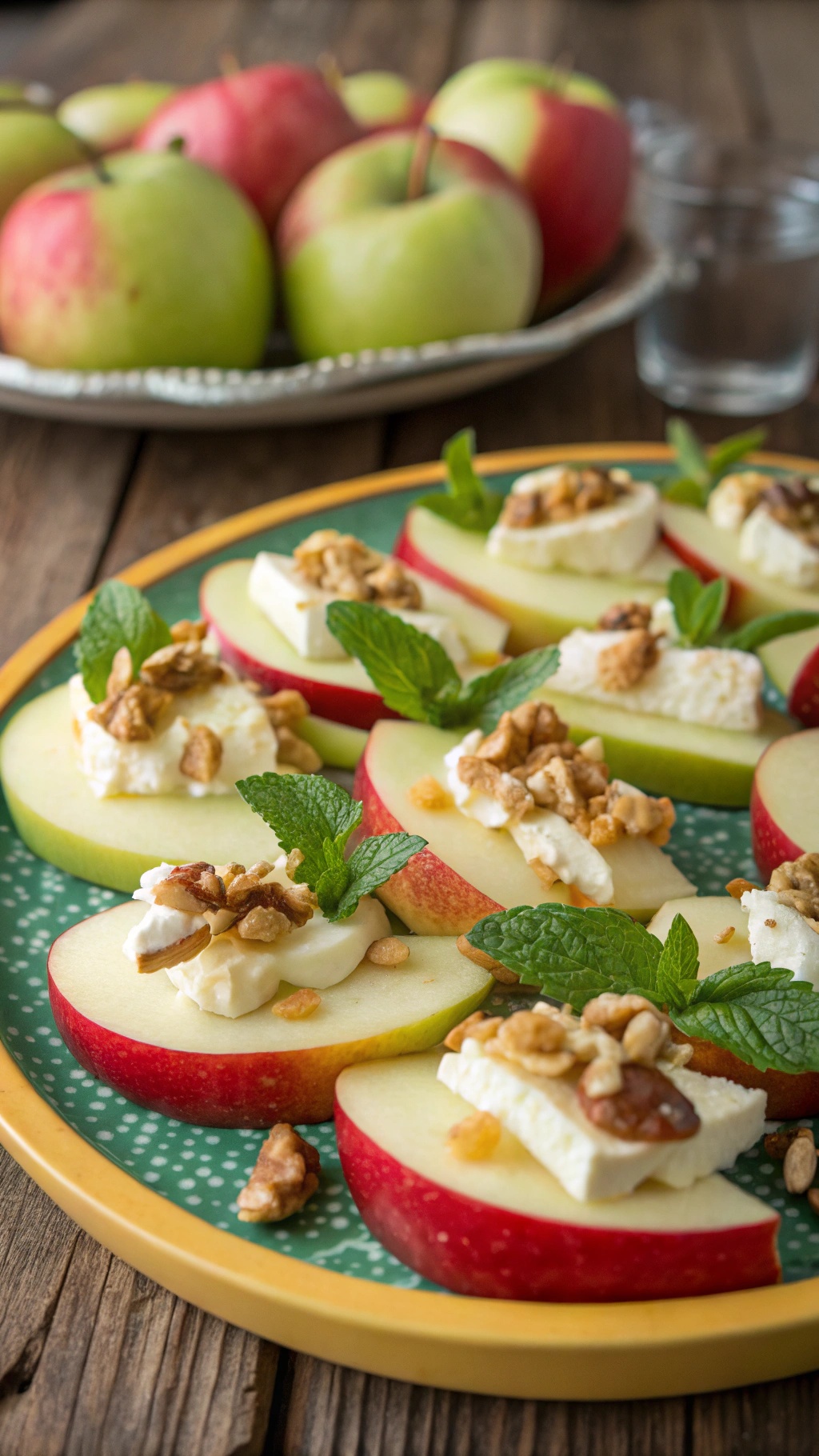 A colorful platter of apple slices topped with cheese and garnished with nuts and mint leaves.