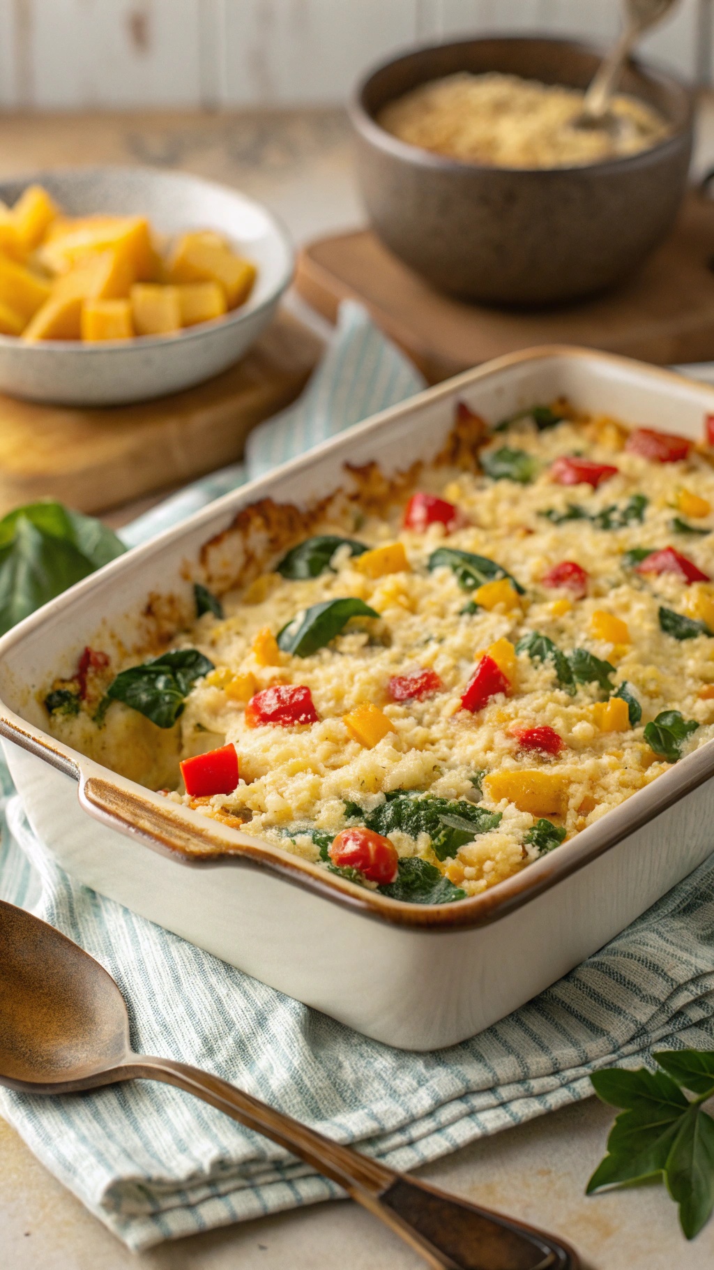 Cheesy cauliflower rice casserole with bell peppers and spinach, topped with melted cheese in a baking dish.