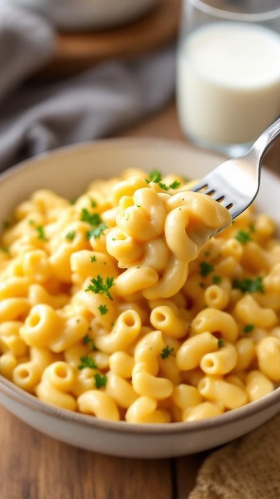 Quick One-Pot Mac and Cheese Recipe A bowl of creamy mac and cheese with elbow pasta and cheddar cheese, garnished with parsley, on a wooden table.
