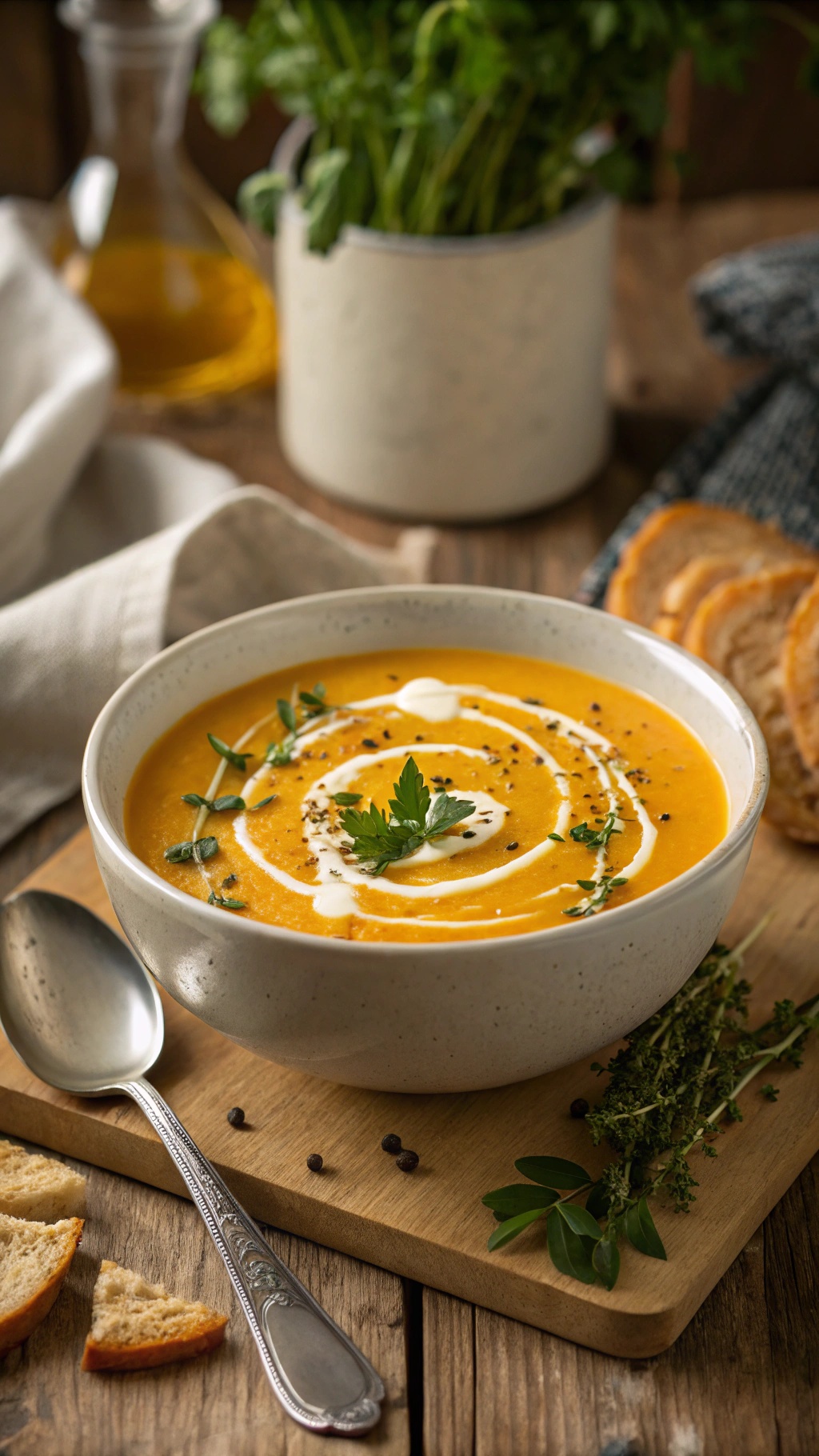 A bowl of creamy butternut squash soup garnished with herbs, served with a spoon on a wooden table.