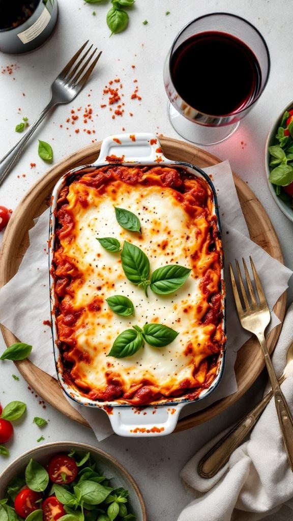 A deliciously baked lasagna topped with fresh basil leaves, served with a glass of red wine and a side salad.