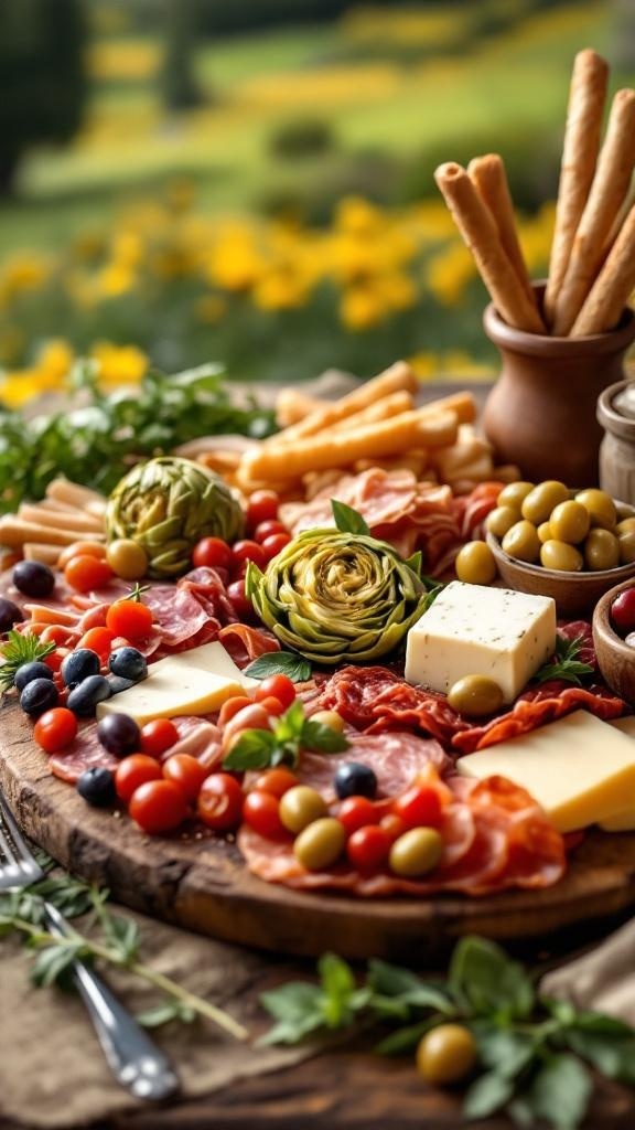 A beautifully arranged Italian antipasto board featuring cured meats, cheeses, olives, and fresh vegetables.