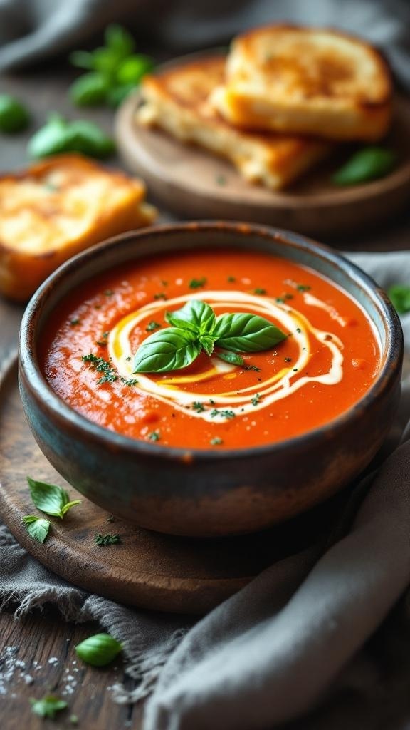 A bowl of creamy tomato basil soup garnished with basil leaves and a swirl of cream, accompanied by grilled cheese sandwiches.