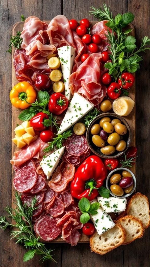 A vibrant Mediterranean charcuterie board featuring cured meats, cheeses, fresh vegetables, and herbs.