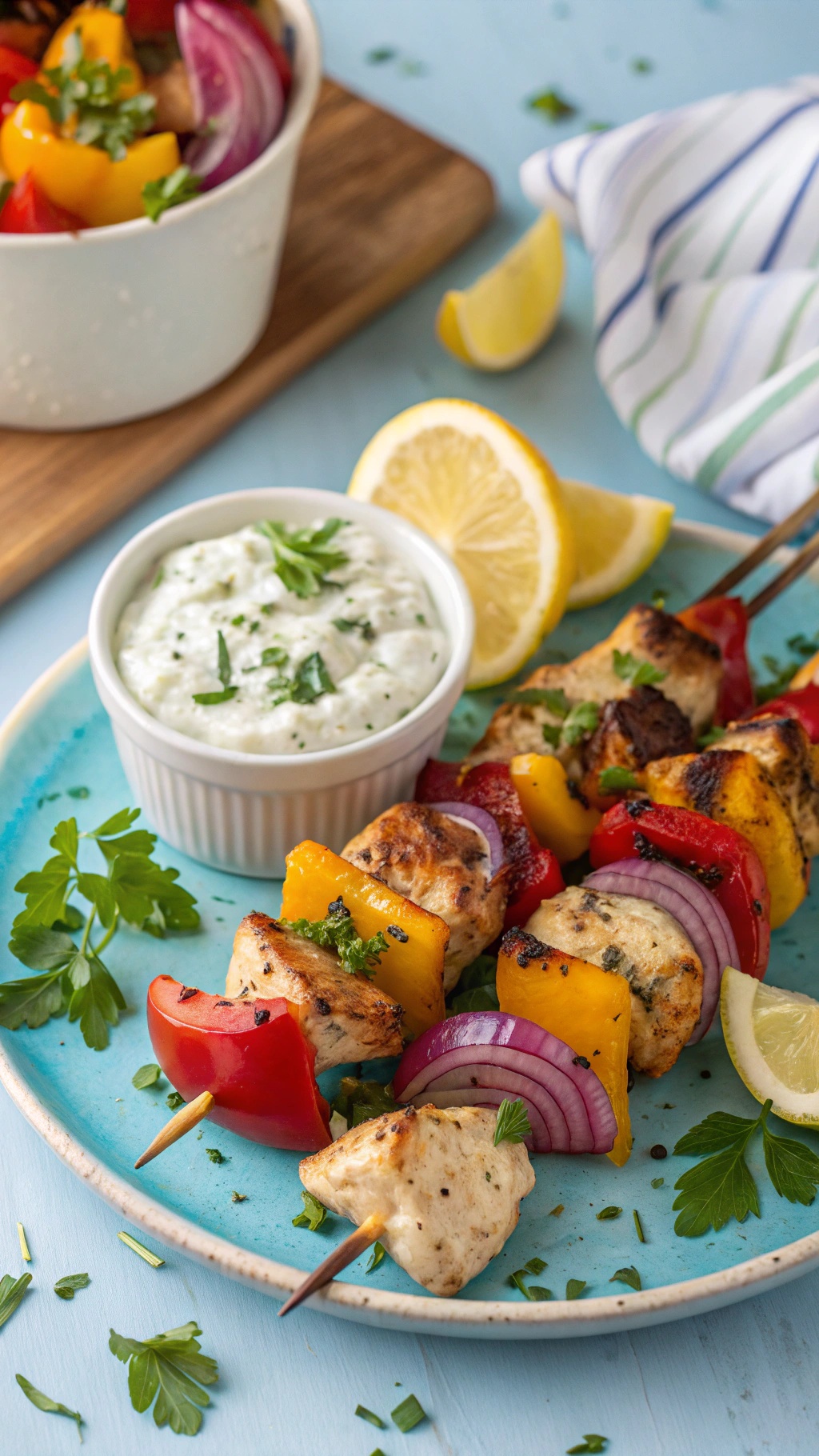 Grilled Greek chicken skewers with colorful vegetables and tzatziki sauce