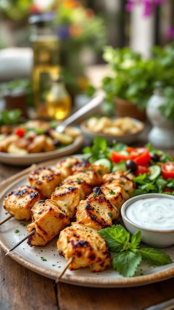 Grilled chicken souvlaki skewers with salad and tzatziki sauce