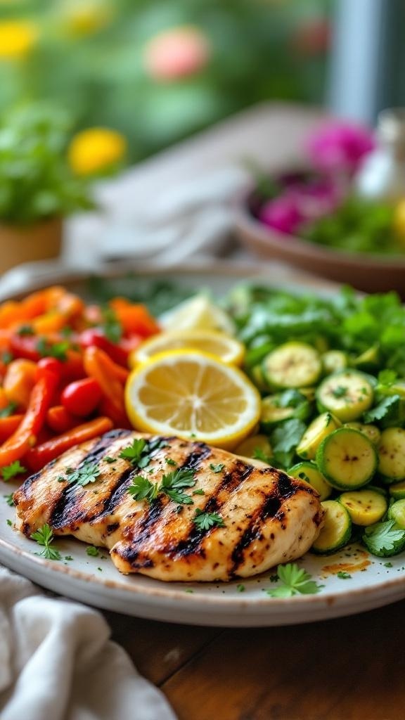 Grilled Lemon Herb Chicken with vegetables and lemon slices on a plate
