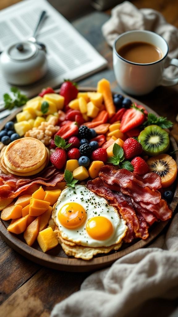 A hearty breakfast charcuterie board featuring bacon, eggs, pancakes, and fresh fruits.