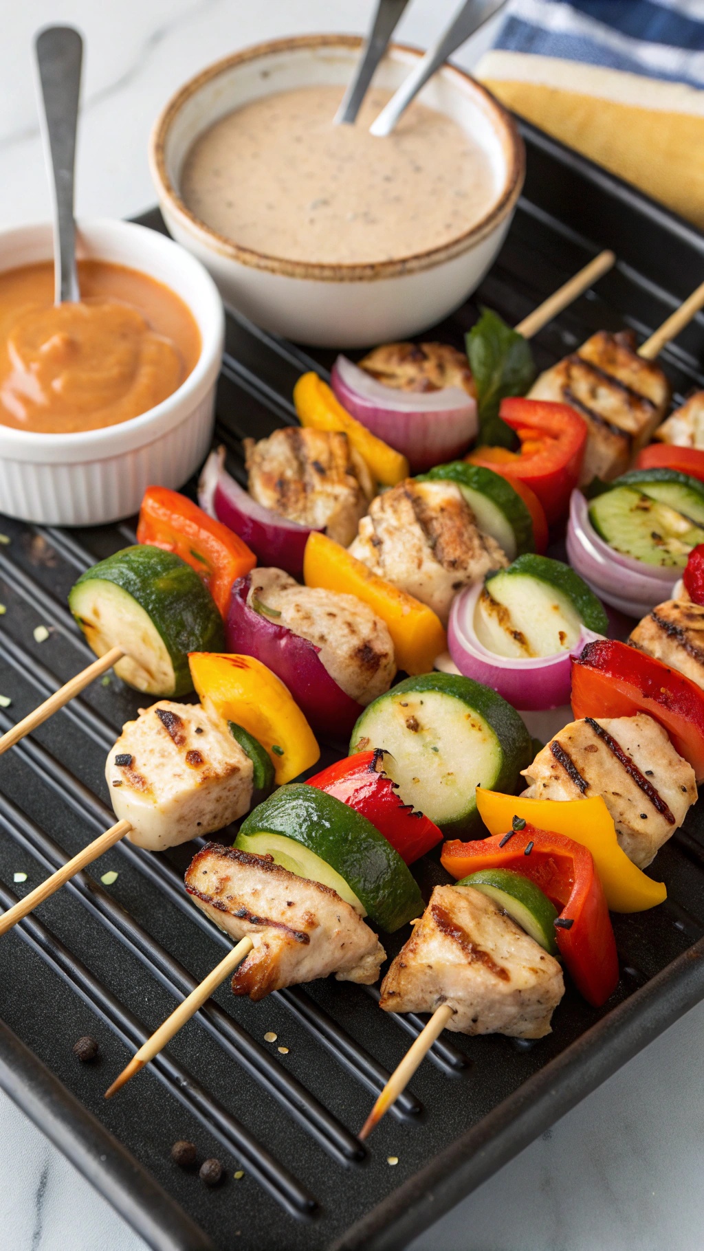 Grilled chicken and vegetable skewers on a grill with dipping sauces