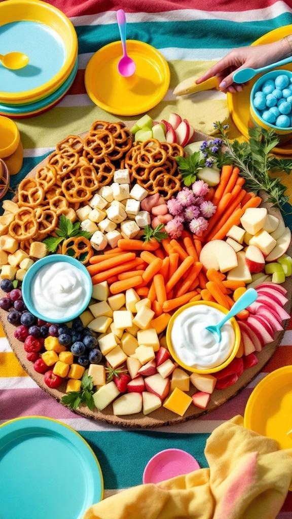 A colorful kid-friendly snack board with pretzels, cheese cubes, fruits, and veggies arranged on a wooden platter.