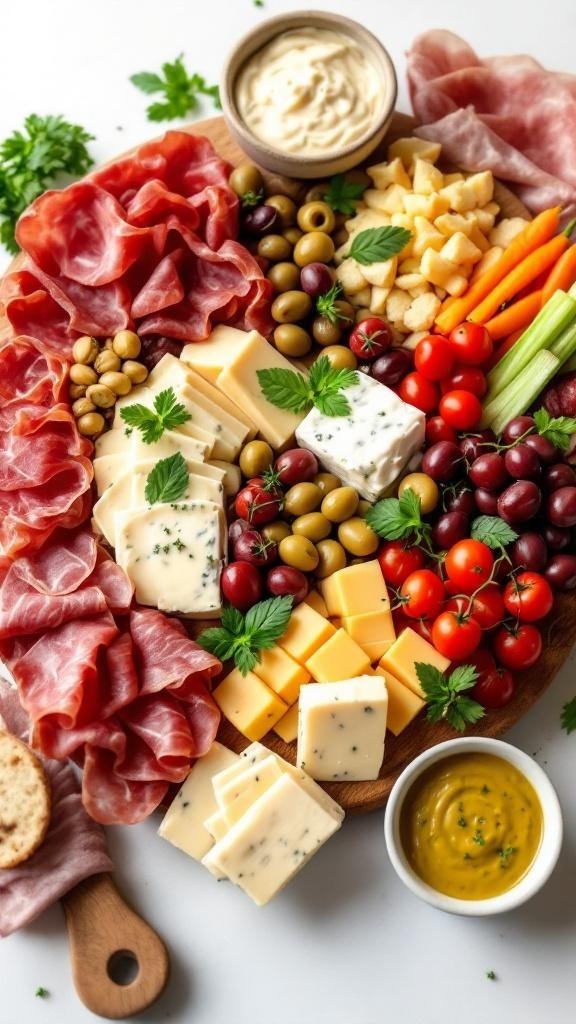 A colorful low-carb keto-friendly charcuterie board featuring meats, cheeses, and fresh vegetables.