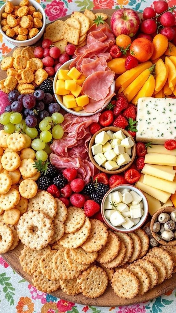 A colorful snack board featuring fruits, meats, cheeses, and crackers.