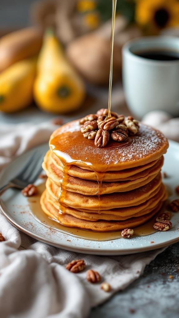 A stack of sweet potato pancakes topped with pecans and syrup, with a cup of coffee in the background.