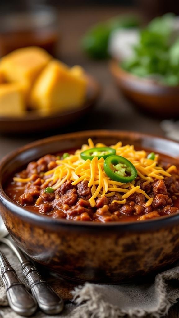 A bowl of beef chili topped with shredded cheese and jalapeños, with cornbread on the side.