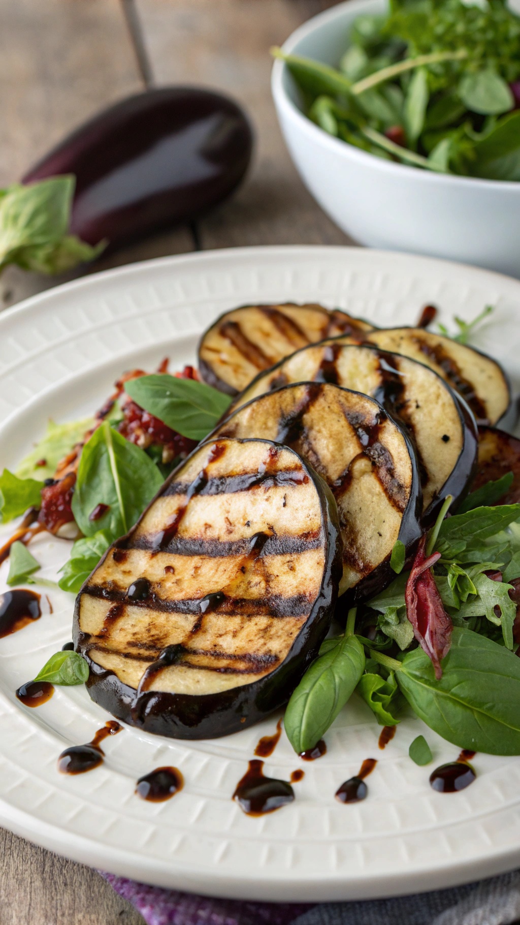 Grilled Italian eggplant slices garnished with basil and balsamic reduction on a plate.