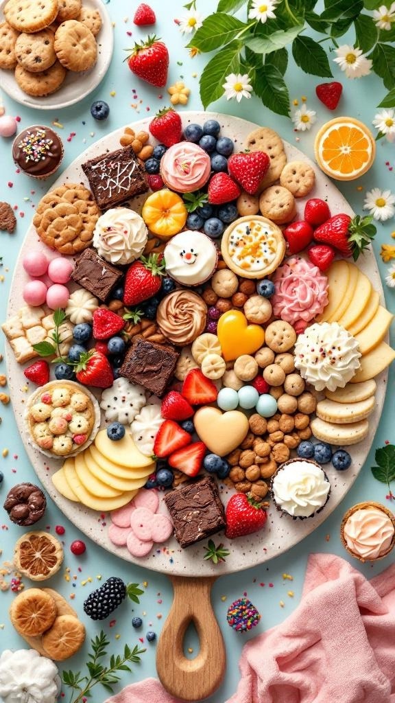 A colorful dessert board featuring cookies, brownies, cupcakes, strawberries, blueberries, and candies.