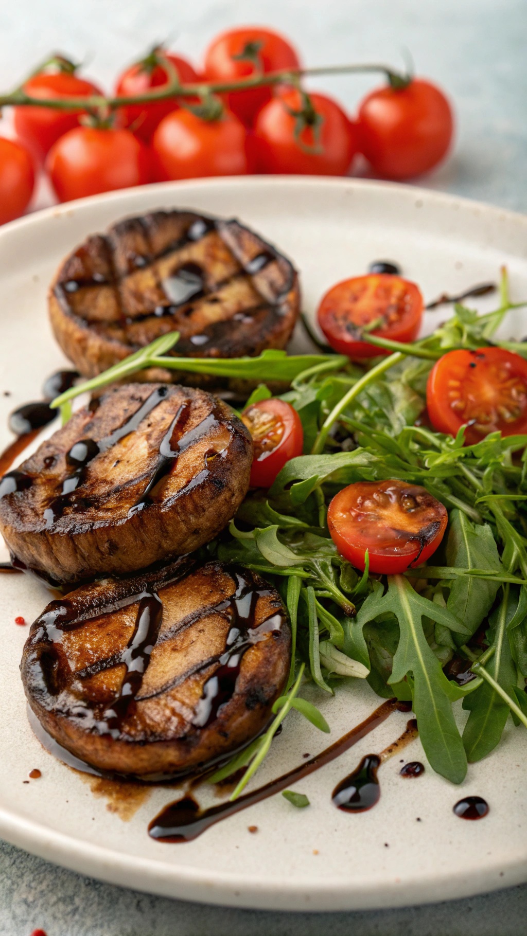 Grilled portobello mushrooms with cherry tomatoes and arugula on a plate