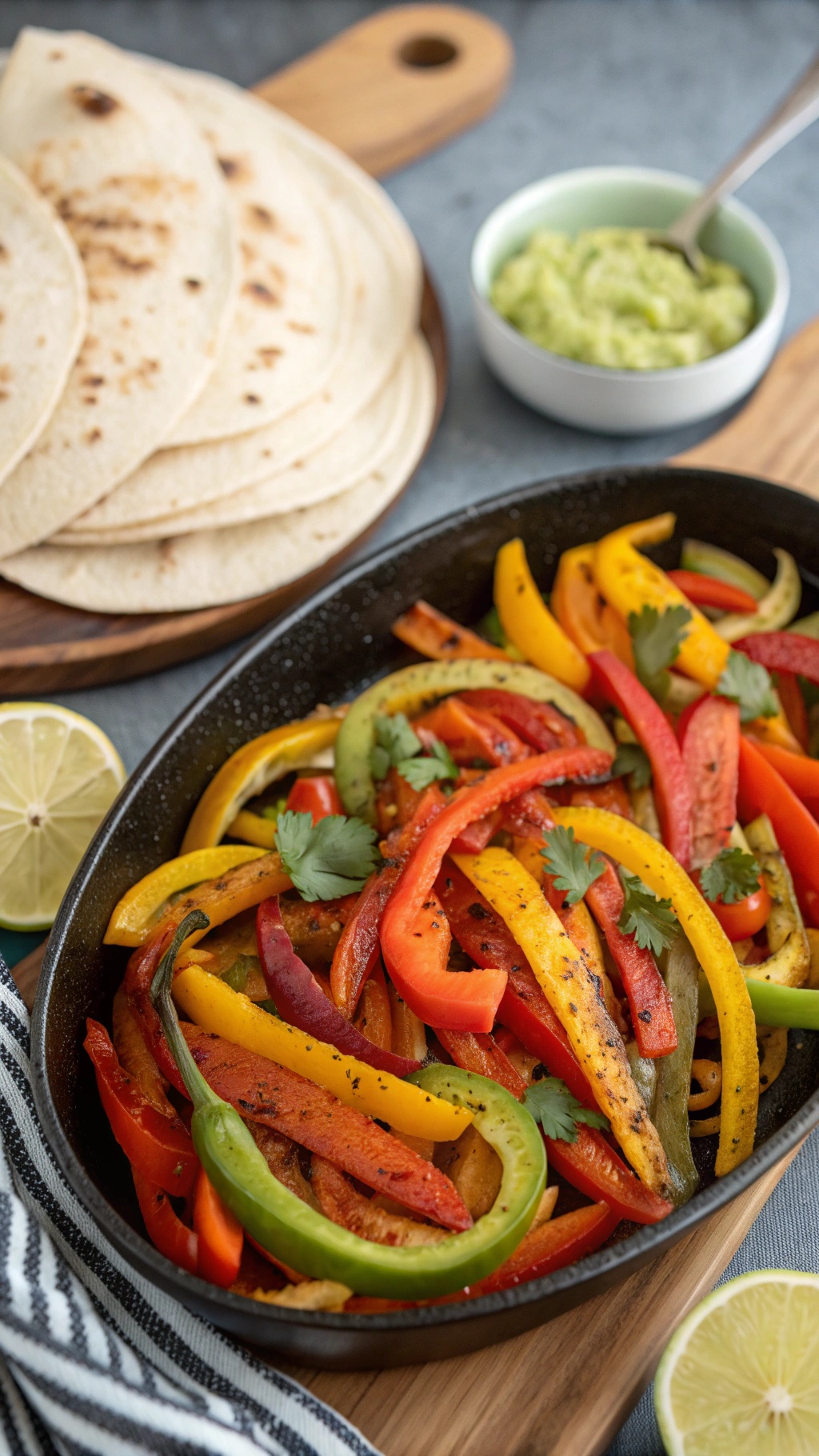 Colorful bell pepper fajitas in an air fryer with tortillas and guacamole on the side.