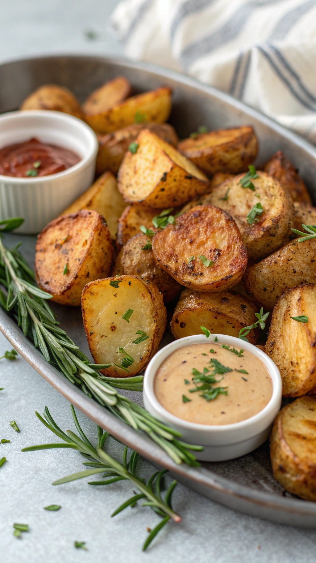 A platter of herb-roasted potatoes with dipping sauces and fresh herbs