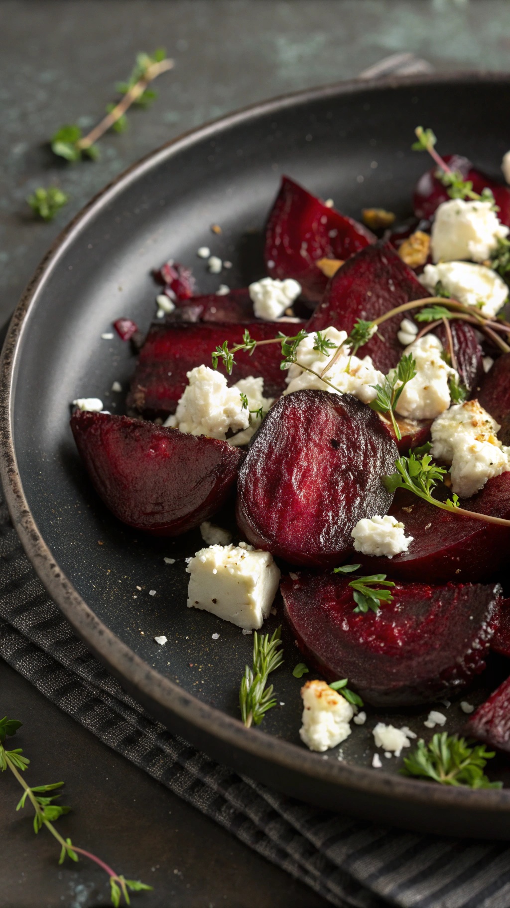 Air fryer roasted beets with feta cheese and fresh herbs on a black plate.
