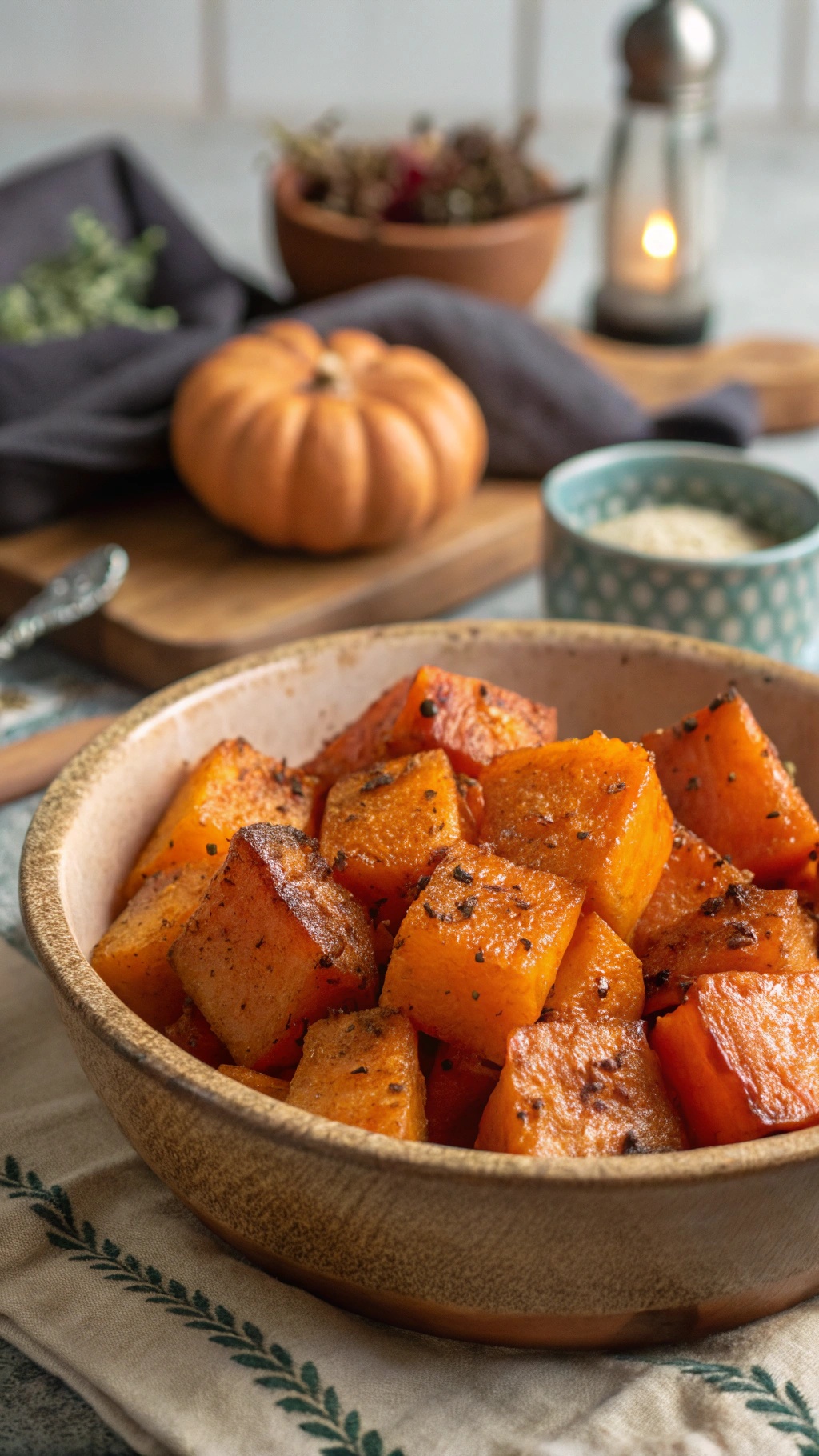 Bowl of spiced butternut squash cubes with a rustic background
