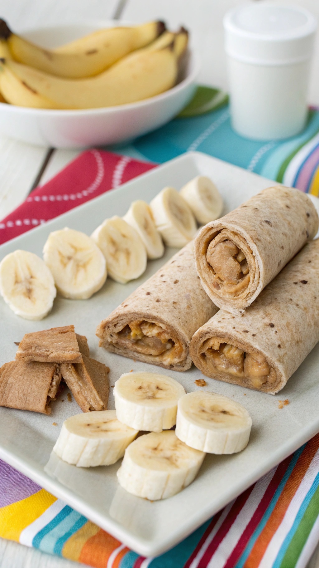 Almond butter and banana roll-ups on a plate with sliced bananas and a bowl of bananas in the background.