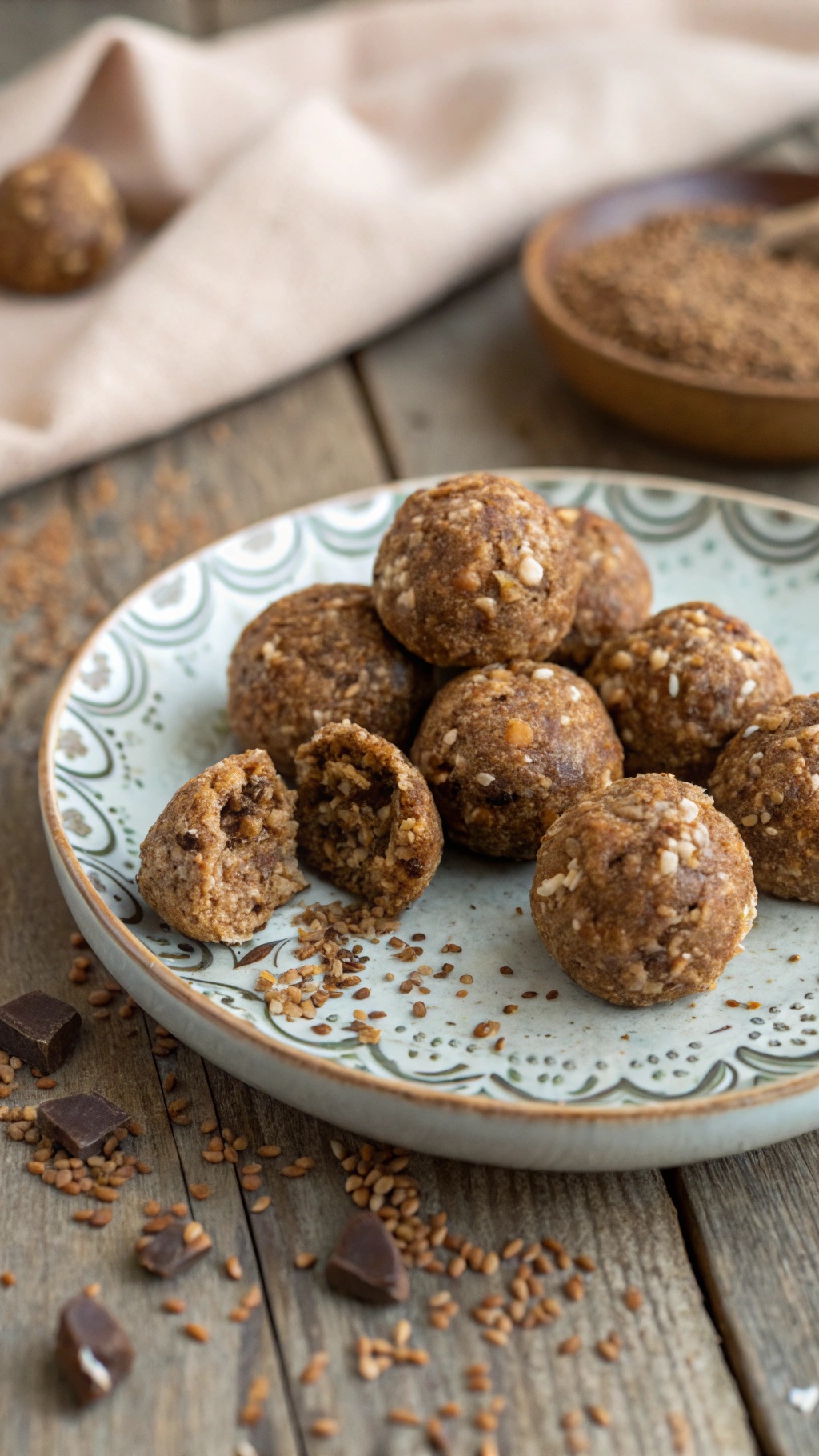 A plate of almond butter energy bites with flaxseeds, some whole and some cut in half, surrounded by flaxseeds and chocolate pieces.