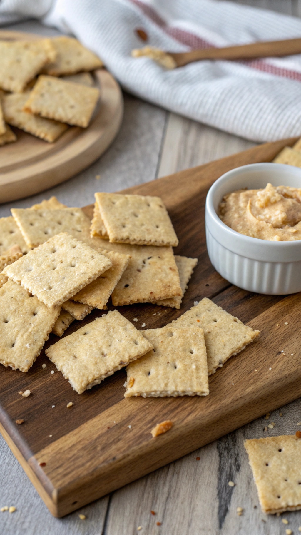 Almond flour crackers on a wooden board with a bowl of dip