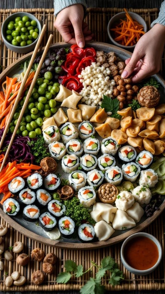 An Asian-inspired charcuterie board featuring sushi rolls, dumplings, fresh vegetables, and dipping sauce.