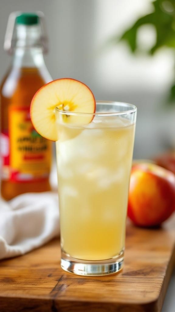 A refreshing apple cider vinegar detox drink garnished with a slice of apple.