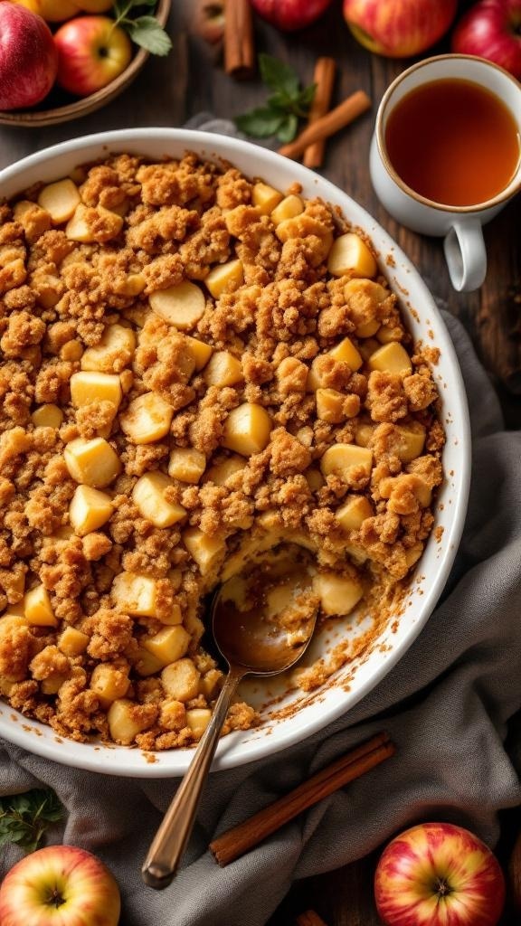 A cozy apple cinnamon casserole topped with a crumbly mixture, surrounded by fresh apples and cinnamon sticks.