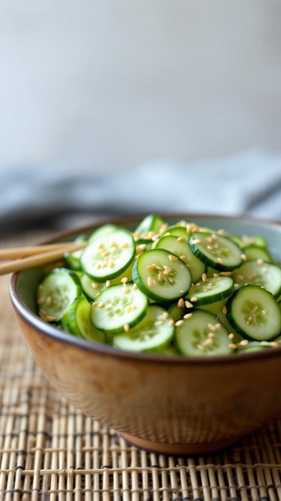 A bowl of sliced cucumbers topped with sesame seeds, ready to be served as a salad.