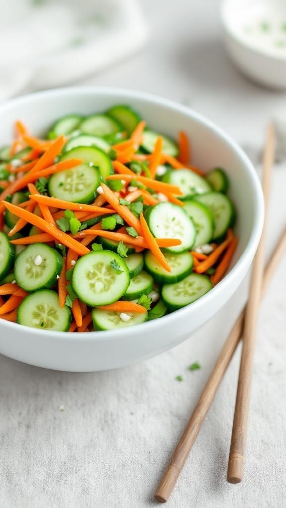 A bowl of cucumber salad with carrots, garnished with sesame seeds and green onions.