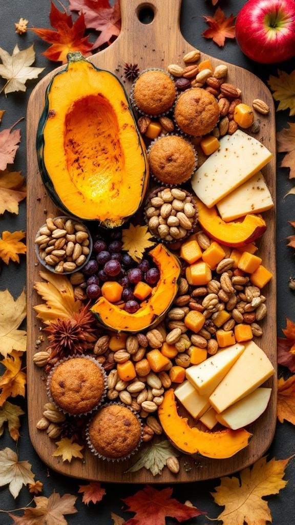 A beautifully arranged autumn harvest charcuterie board featuring roasted acorn squash, cheeses, nuts, muffins, grapes, and dried cranberries on a wooden platter.