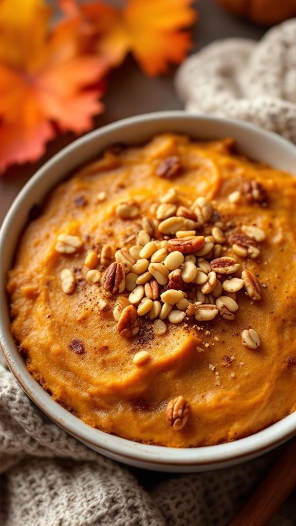 A bowl of pumpkin spice casserole topped with nuts, surrounded by autumn leaves.