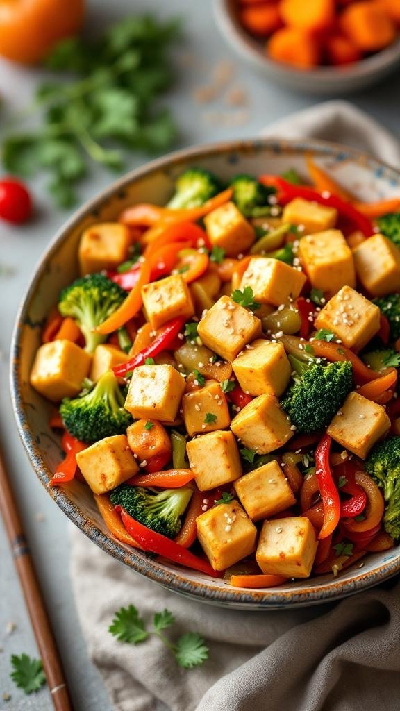 A colorful bowl of autumn vegetable stir-fry with tofu, featuring broccoli, bell peppers, and carrots.
