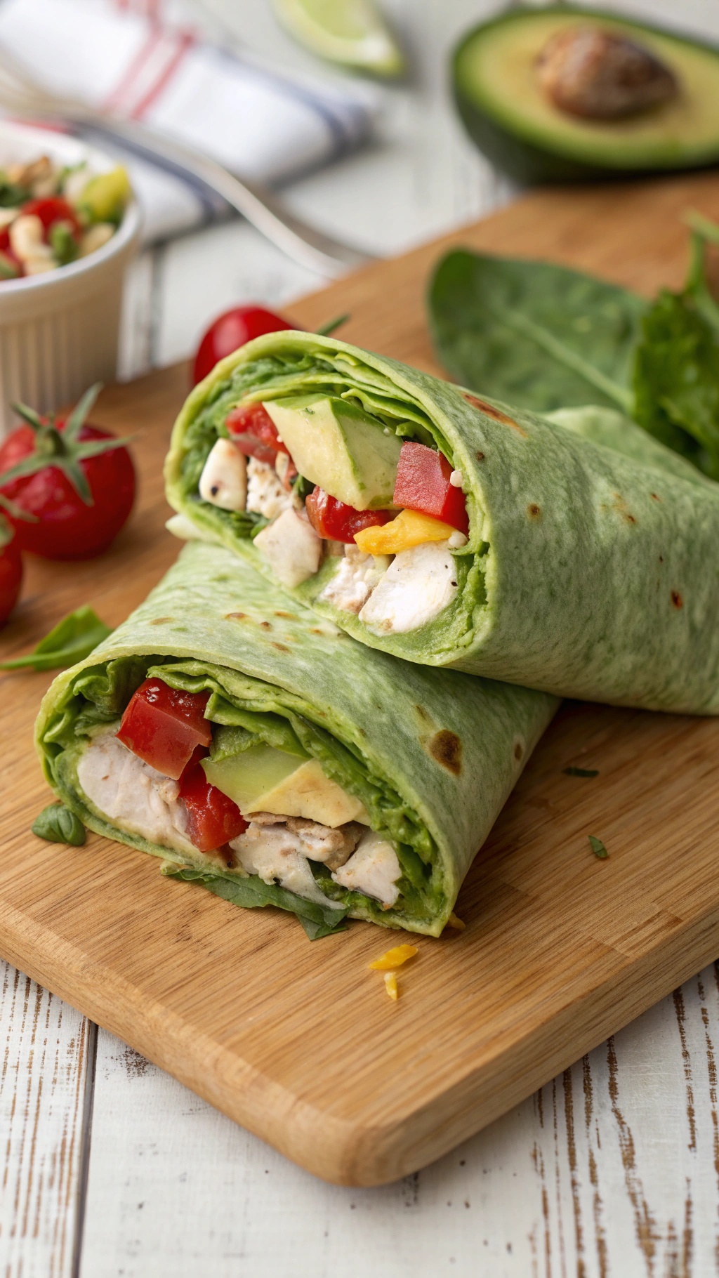 Two avocado and chicken wraps on a wooden cutting board with fresh tomatoes and avocado in the background.