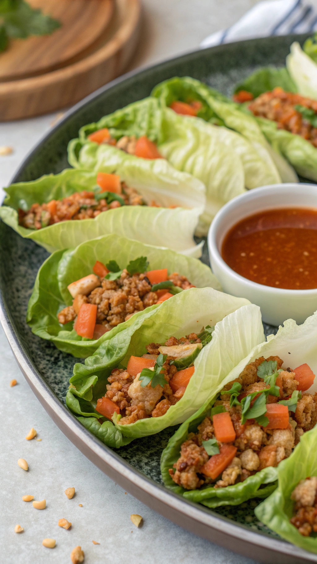 Spicy chicken lettuce wraps served on a plate with dipping sauce