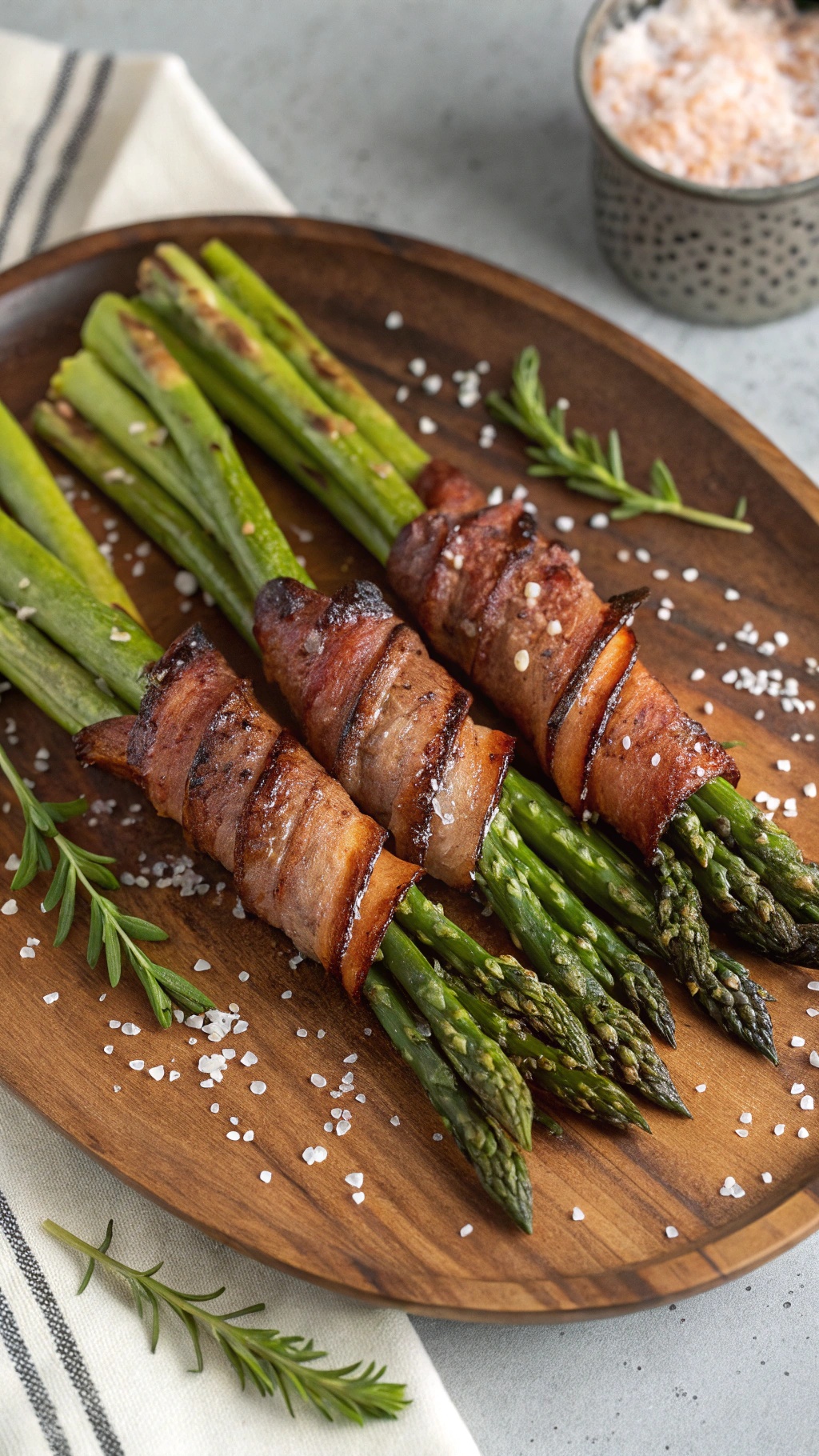 Bacon-wrapped asparagus bundles on a wooden plate, garnished with salt and herbs.