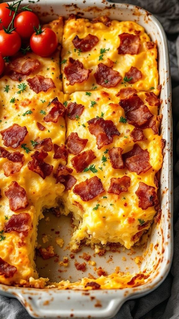 A delicious bacon and egg breakfast casserole topped with crispy bacon and fresh herbs, served with cherry tomatoes.